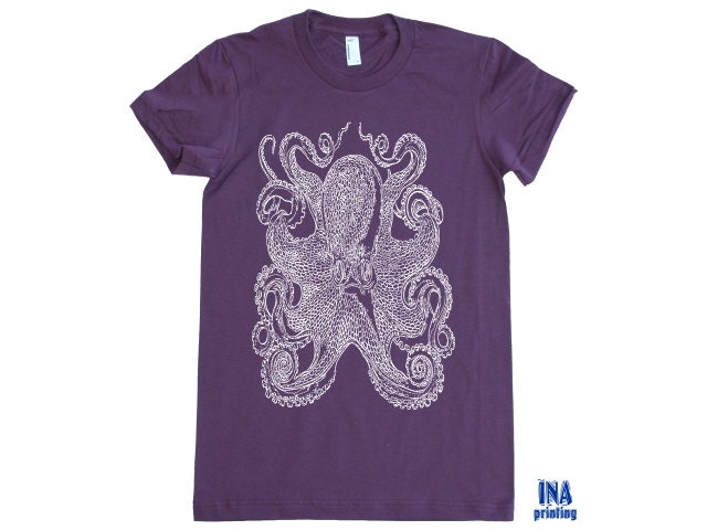 Womens Tshirt - OCEAN OCTOPUS  American Apparel T shirt - Eggplant S M L XL (11 Colors Available)