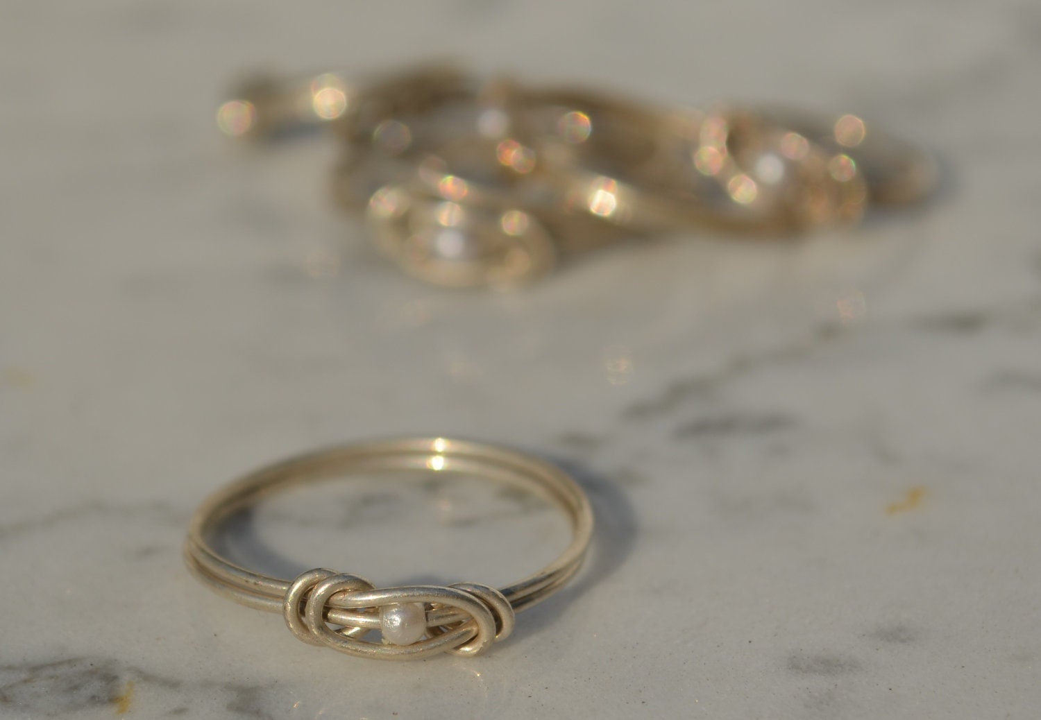 Silver Love Knot Ring made with Sterling Silver wire with White Bead Vintage Jewelry Handmade
