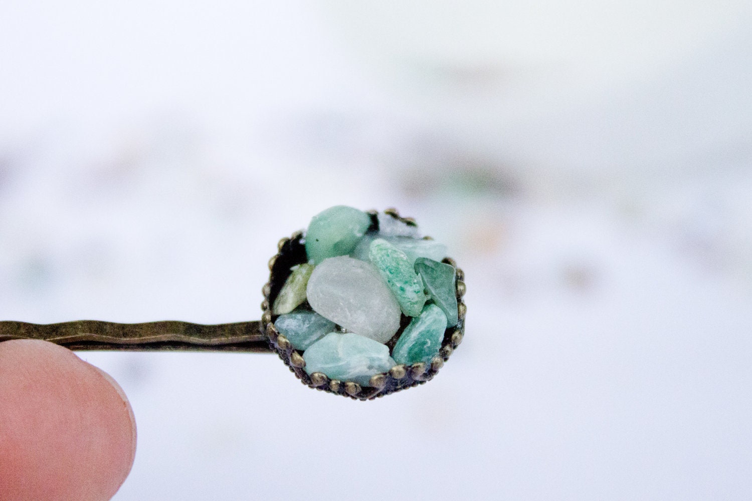 Green gemstones hair pin - Aventurine and quartz