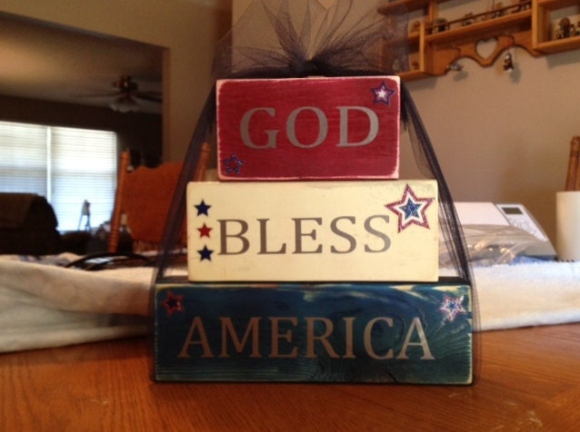 God Bless America fourth of July independence day primitive wood block set home decor fireworks decoration stars and stripes