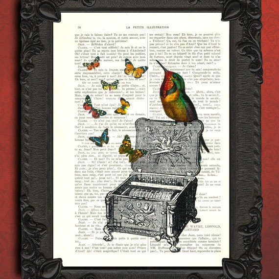 Hummingbird sitting on music box watching butterflies art print collage - upcycled recycled dictionary art print - vintage digital collage