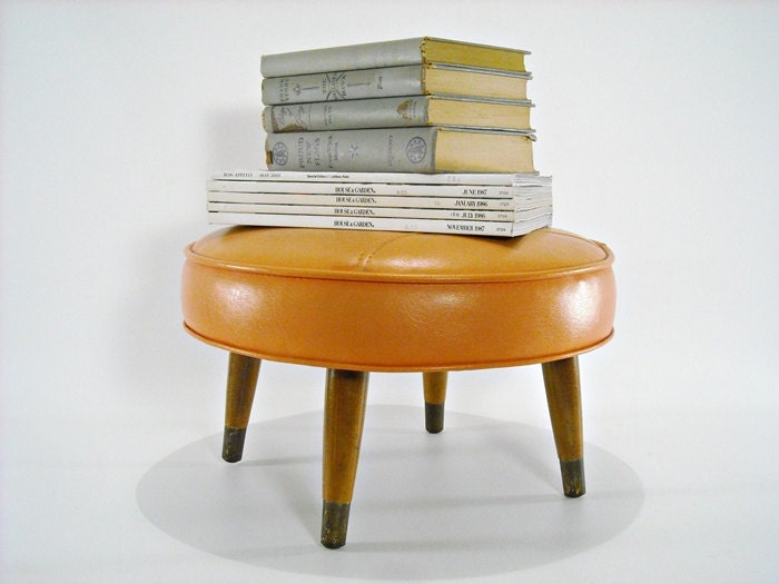 Mid Century Foot Stool Danish Modern Orange Retro Round