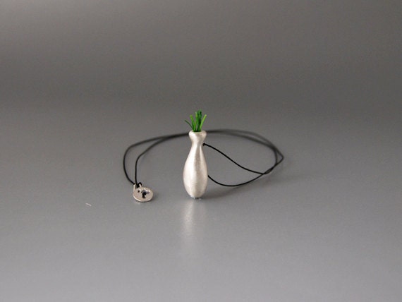 Nature In Vase Necklace Matte Sterling Silver Contemporary Design Nature Touch Pendant  for Her