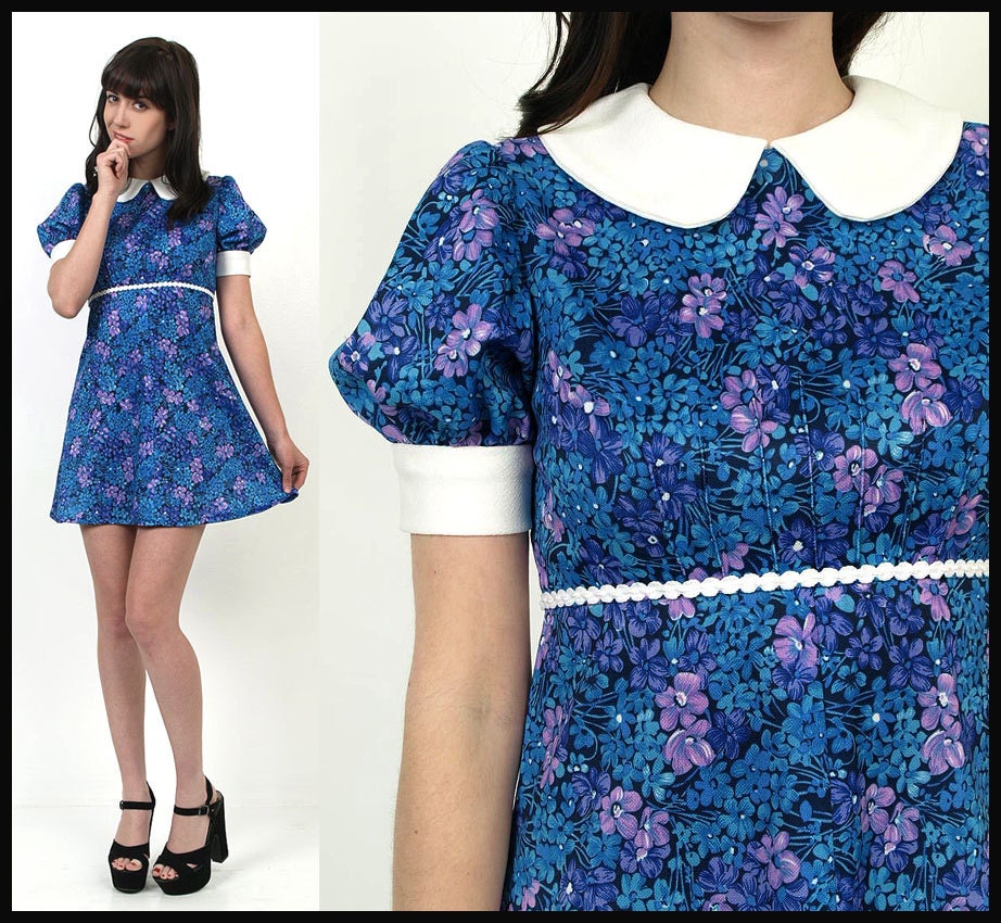 60's BabyDoll Collar Mod Blue Florals Print PUFF Sleeves 70's Dolly Mini Dress XS/S