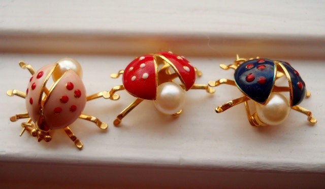 Enamel Pins/Brooches Vintage Lady Bug & Faux Pearl (all 3)