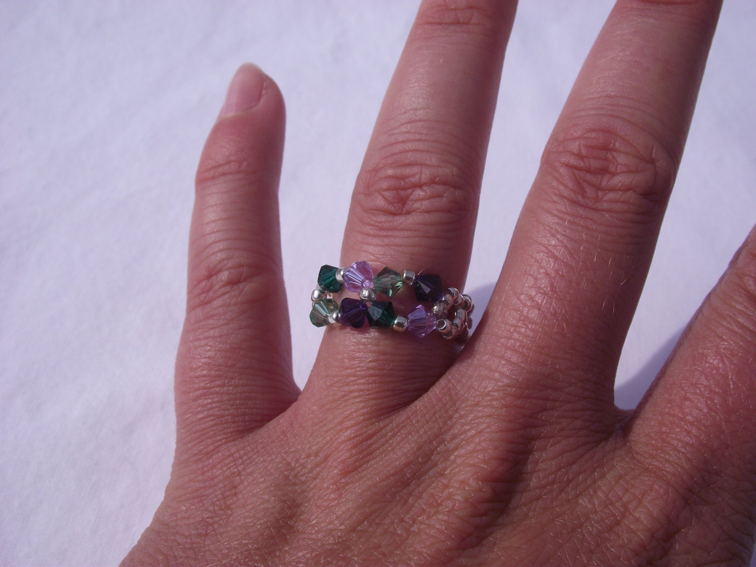 Stylish Purple & Green Ring- Handmade Swarovski Crystal Beaded Women's/Girl's Jewelry - Bridesmaid Gift