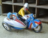 Vintage Motorcycle and Sidecar Tin Friction Toy