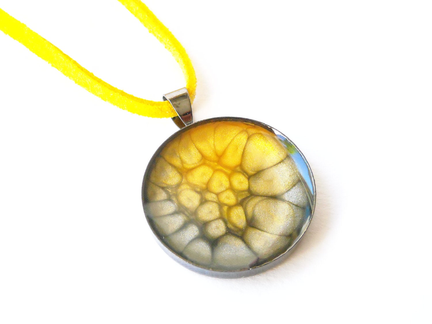 round hand painted  resin glazed metal bezel black and yellow pendant - oBocreations