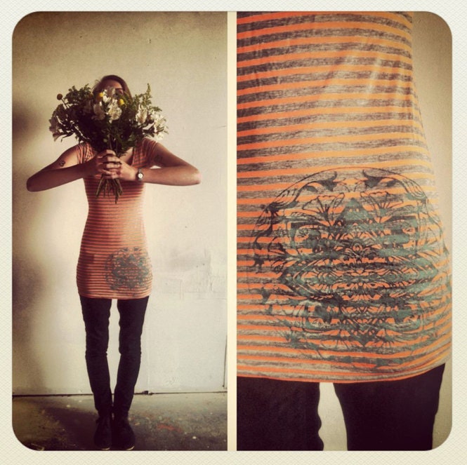 Neon orange and gray striped screen print fall mini dress