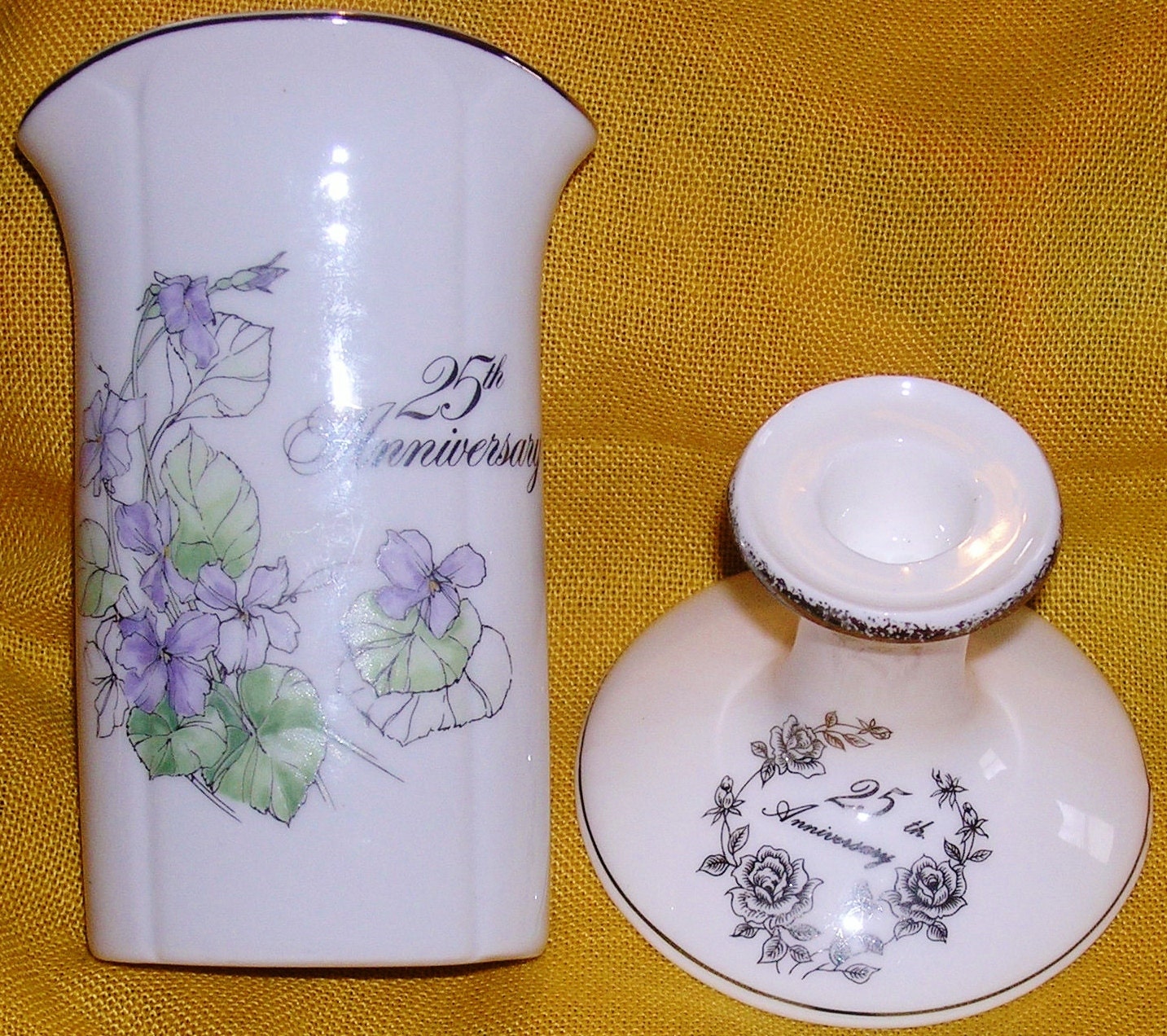 Buy traditional anniversary gifts - vintage Bone china Silver 25th Anniversary Vase &amp; Candle holder, ENESCO, Wedding gift, White and Silver, Traditional style