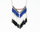 Shyalia // Handmade Necklace - Blue / White / Black / Red Beads - V shape Fringe- Silver Grey Brass Chain