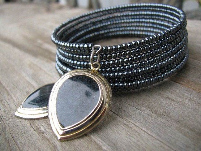 Hematite Beaded Cuff Bracelet with Upcycled Charms, OOAK, Eco-Friendly Jewelry, Black Silver, Gunmetal