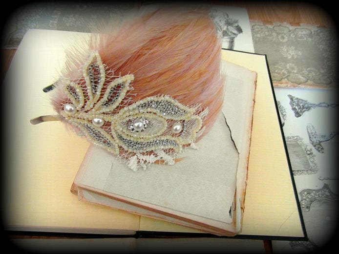 Peacock Pearl Lace Diamond and Gem Fascinator, Bridal Headband ... Vintage 1920s Bride Head Piece