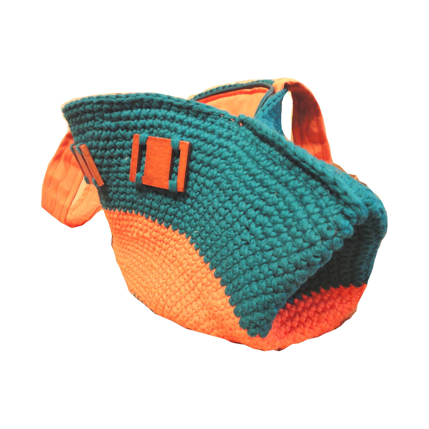 bag knitted  handbags, cotton, ladies , original,handmade  "green and orange"