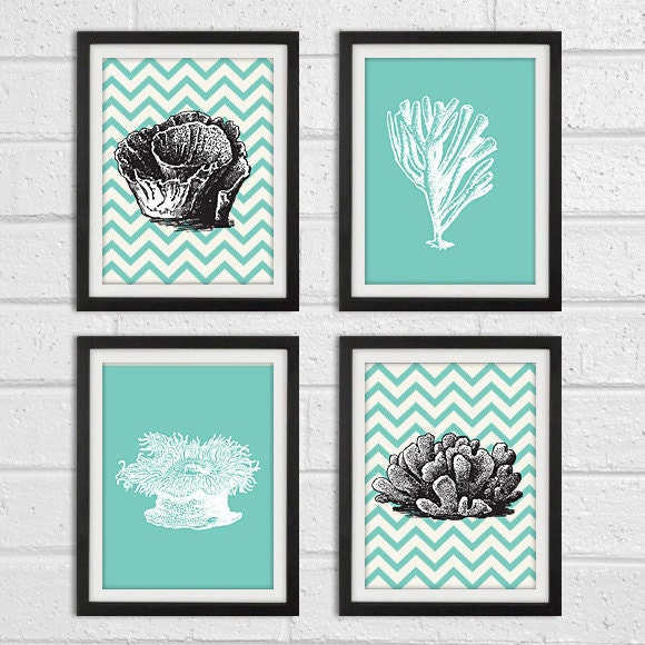 Chevron Coral Series C  - Turquoise and darlk Gray - Wall Art Home Decor Set of 4 8x10 Print