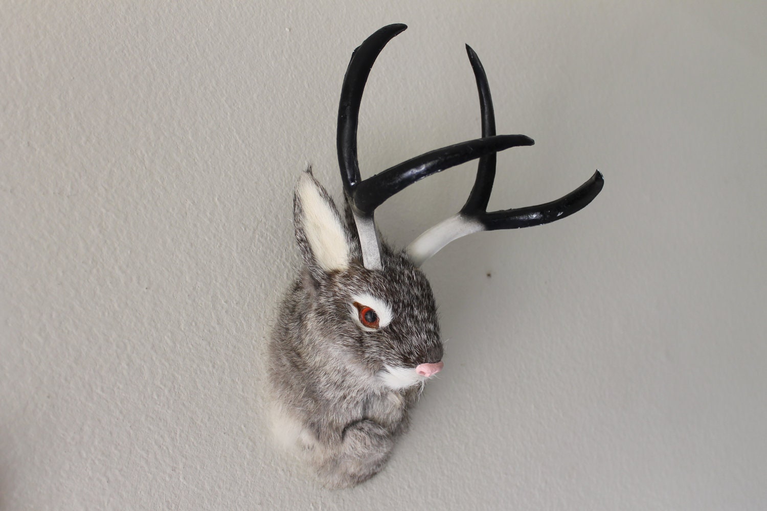 Gray Grey Jackalope Head Mount Rabbit with Antlers Furry Animal Figurine Cabin Decor - Kadaland