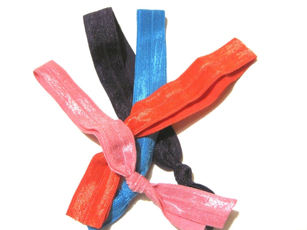 Set of 4 Elastic Hair Ties Bracelets-Pink Orange Blue - Yoga, No Tug, No Crease - Sports-No Metal