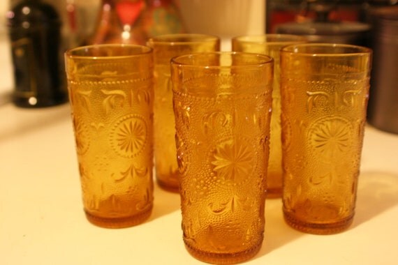 Amber Depression Glass Drinking Glasses Set of 5 by WhippetGood42