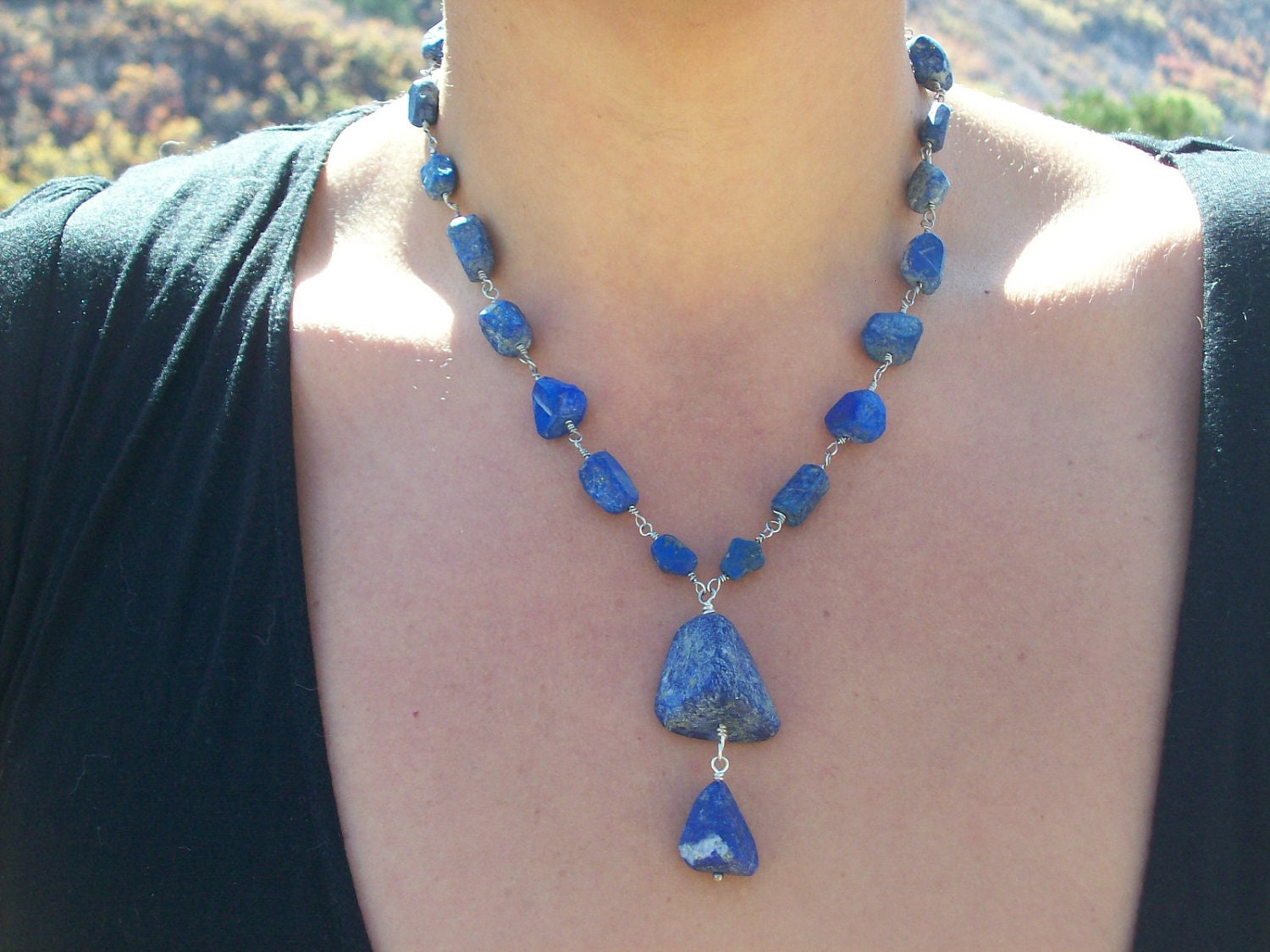 Natural Blue Raw Lapis Lazuli Gemstones on Silver Plated Hand-Looped Wire Wrapped Necklace OOAK Nature Inspired Jewelry Gift For Women