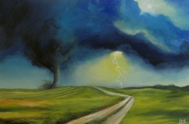 Original Painting by CES - Landscape Tornado Blue Field Road Rural Prairies Storm  ART 18x12