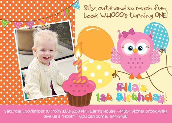 Pink little Owl with Balloons Birthday Party Invitation Il_570xn
