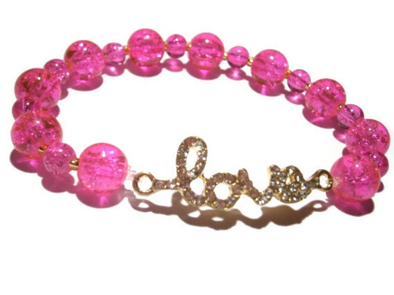 Beaded Love Bracelet, Gold and Hot Pink Jewelry, Stretch Bracelets, Arm and Wrist Candy, Pave Jewellery