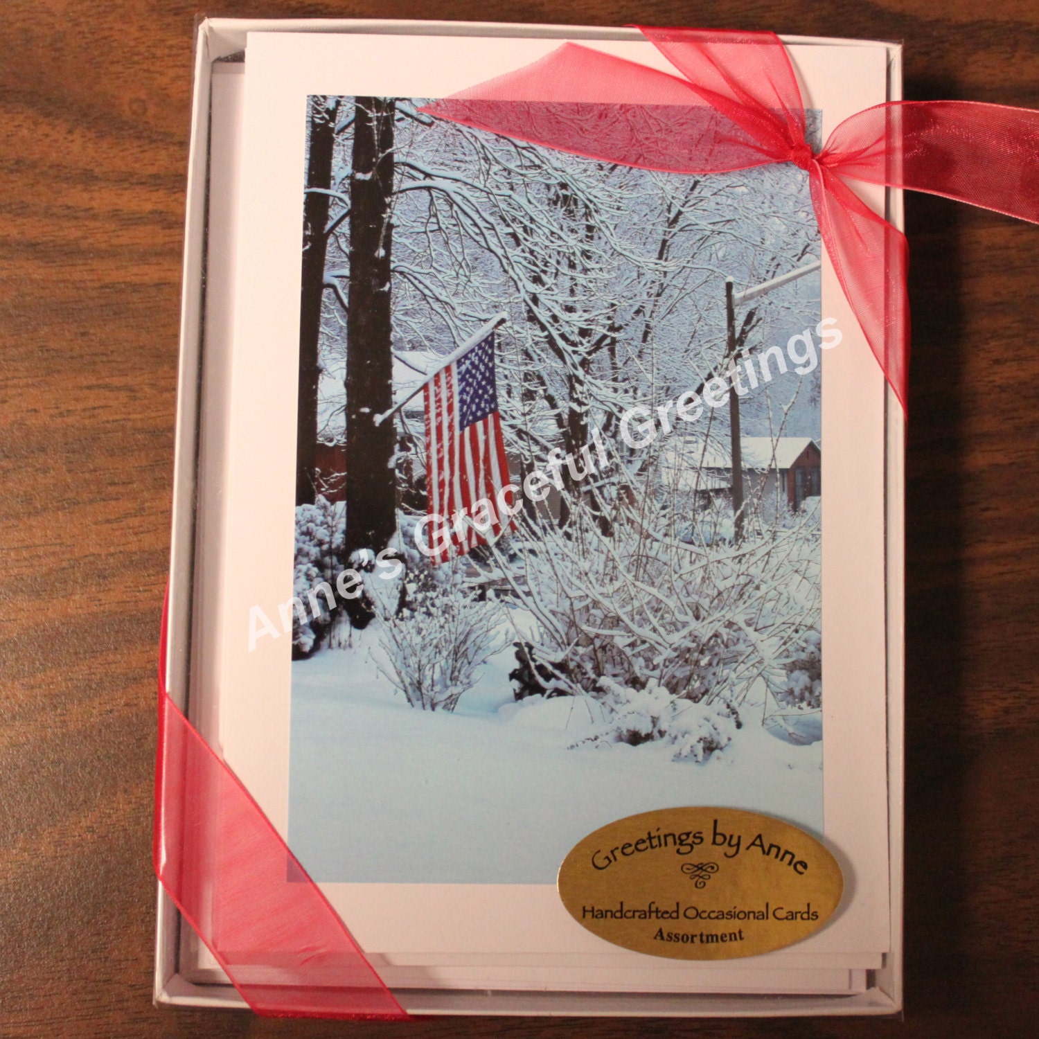 American Flag in the Snow. Blank Greeting Cards, Unique and Original. Box of 8.