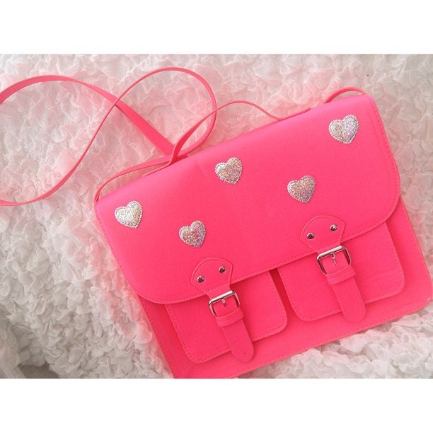 Fluorescent Neon Pink Satchel With Holographic Hearts
