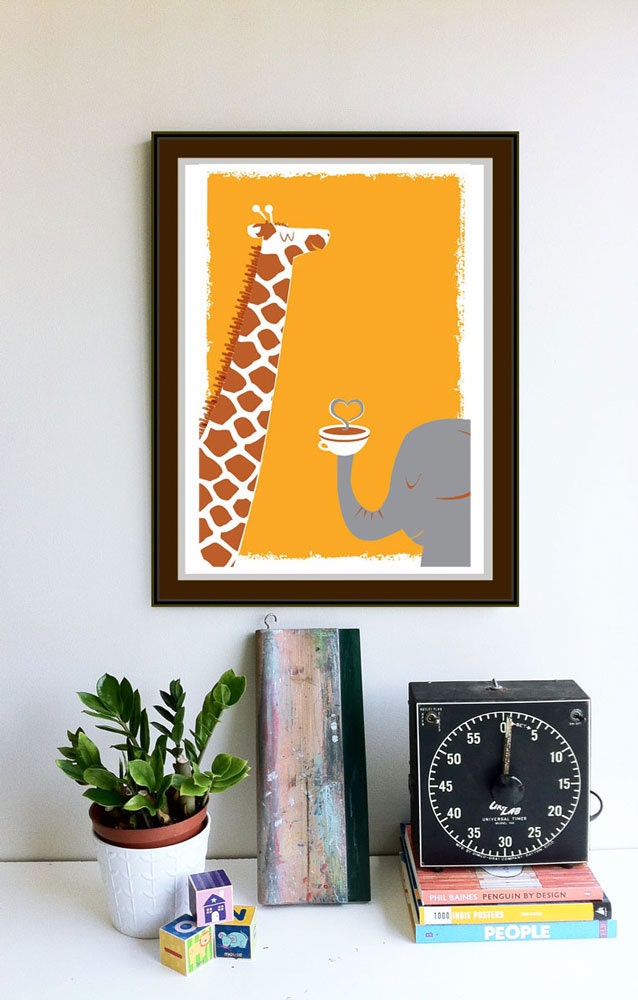 Screenprint - Coffee Art Print - Coffee Thee & Me - Giraffe and Elephant art print poster