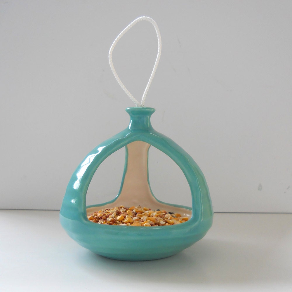 Bird Feeder Ceramic 3 Sided Retro Hanging In Aqua Blue