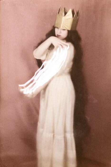 Creation - FREE SHIPPING Print Pink Gold Crown White Light Magic Vintage Girl Long Hair Surreal Strange Victorian Photo Art