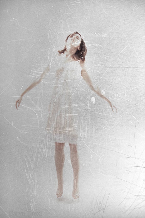 One Day I Slowly Floated Away - FREE SHIPPING - Print Gray Girl Levitating Jumping Scratches Cream White Surreal Simple Photo Art Surreal