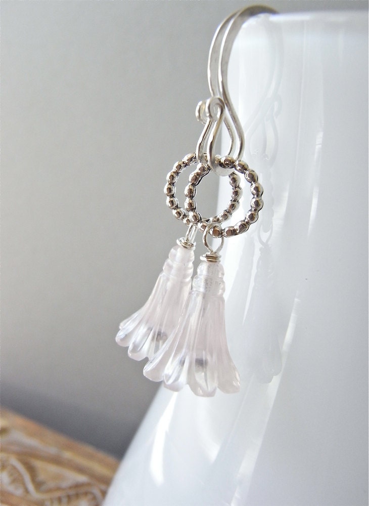 Earrings - sterling silver, rose quartz, carved flower, gemstone - Drosera