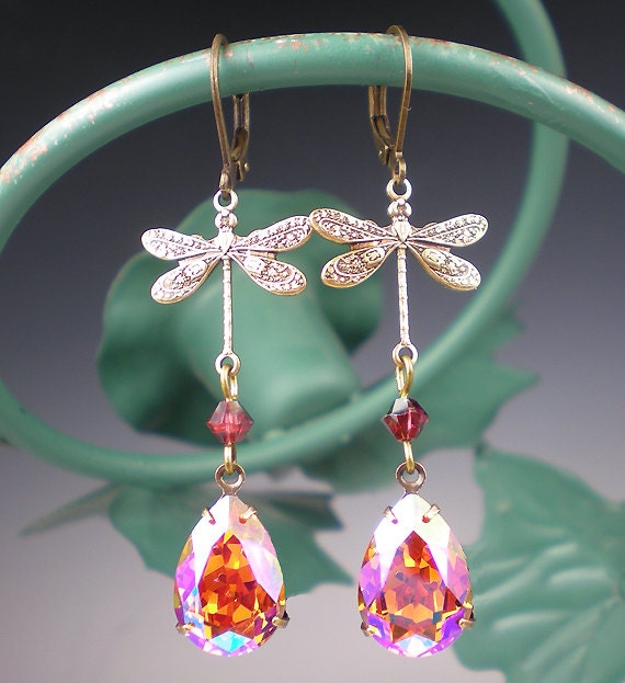 Dragonfly Earrings Coral Orange Topaz Crystal by milminedesign