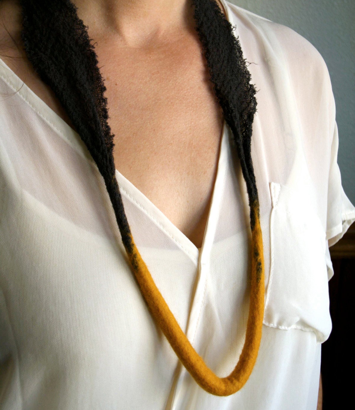 Arc Necklace - Hand Felted Merino Wool and Wool Gauze - Tangerine and  - One of a Kind