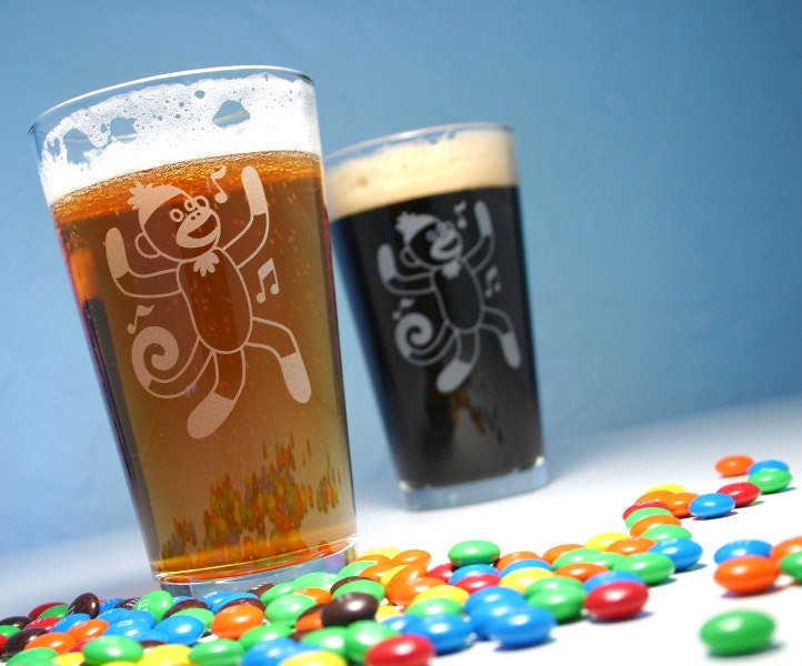 Sock Monkey Pint Glass - dancing monkey with musical notes (1 glass)
