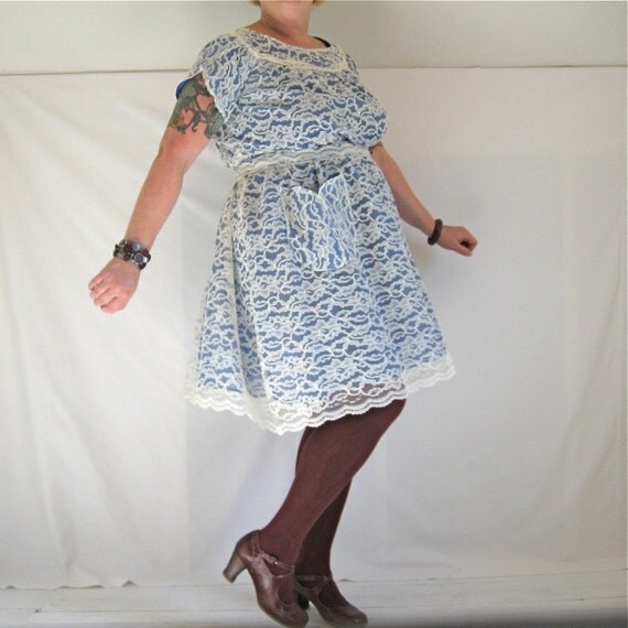 Diva Dress plus size white lace and blue sheer vintage fabrics