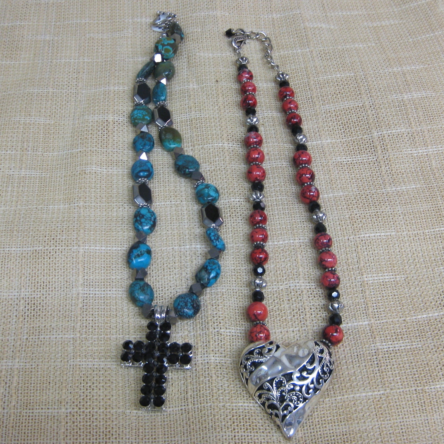One Red Marbled Necklace and One Turquoise Nugget Necklace with Interchangeable Heart and Cross Pendants