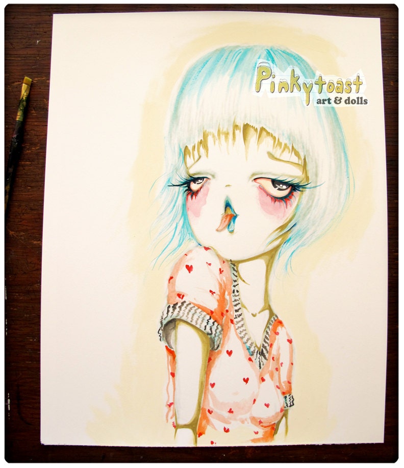 Original Painting-Little Brat-Heart on Your Sleeve-Big Eye Girl-Teenage Watercolor-Pinkytoast Art 11x14 inches