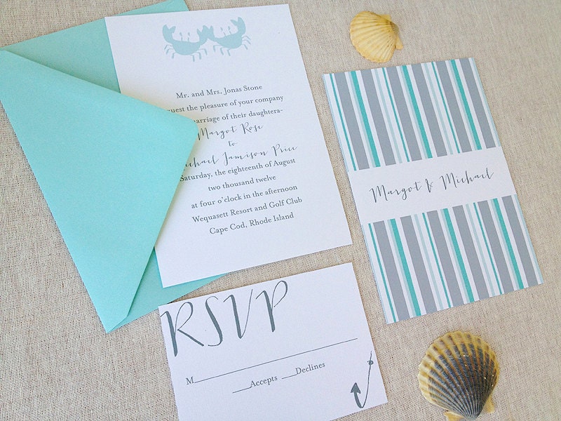 Beach Wedding Invitation & RSVP postcard- Crabs, Seahorses and more : Turquoise and Gray