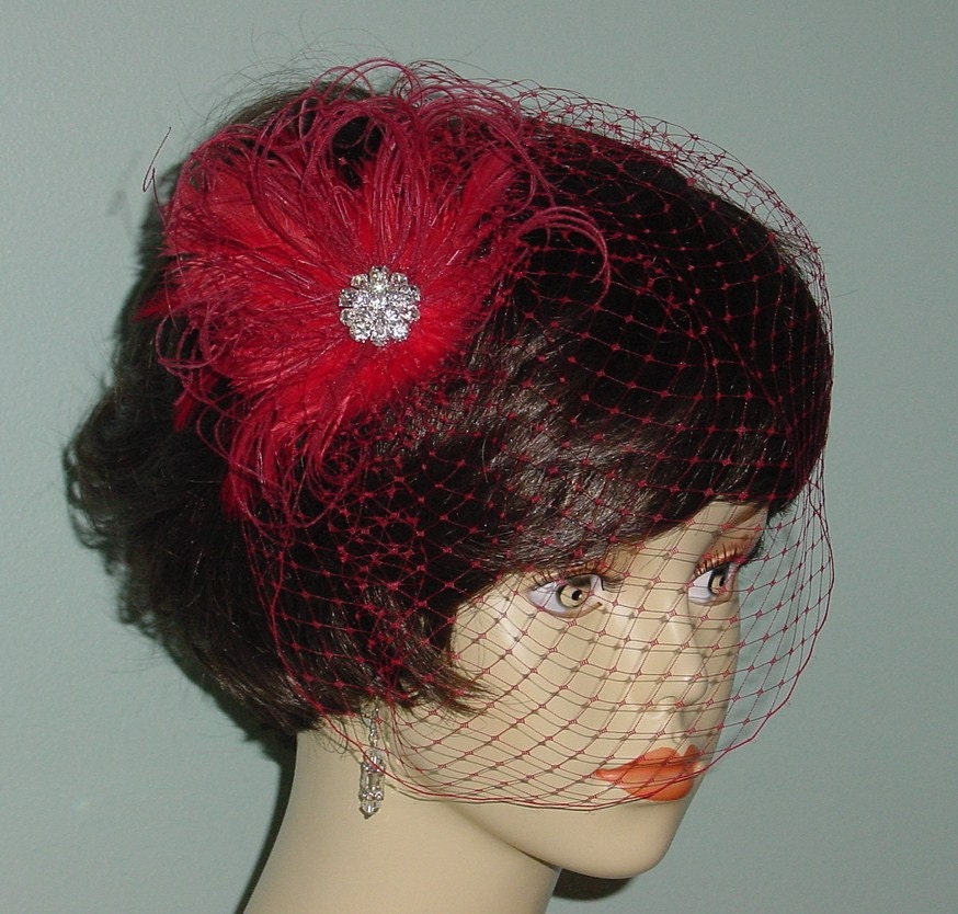 Red Birdcage Veil with Ostrich Feather Fascinator by AnnLeslie