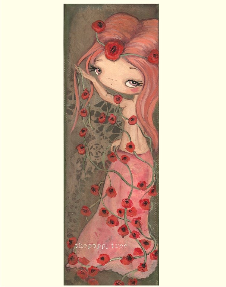 Poppy Art Girl Painting original Nursery Verse Poetry Children Wall Art-----4 x 12 The Rock A By Lady