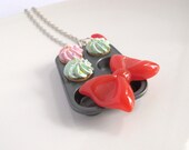 Cupcake Fantasy Baking Tray Red Heart Swarovski Crystal Pendant  Red Ribbon Bow Long Necklace
