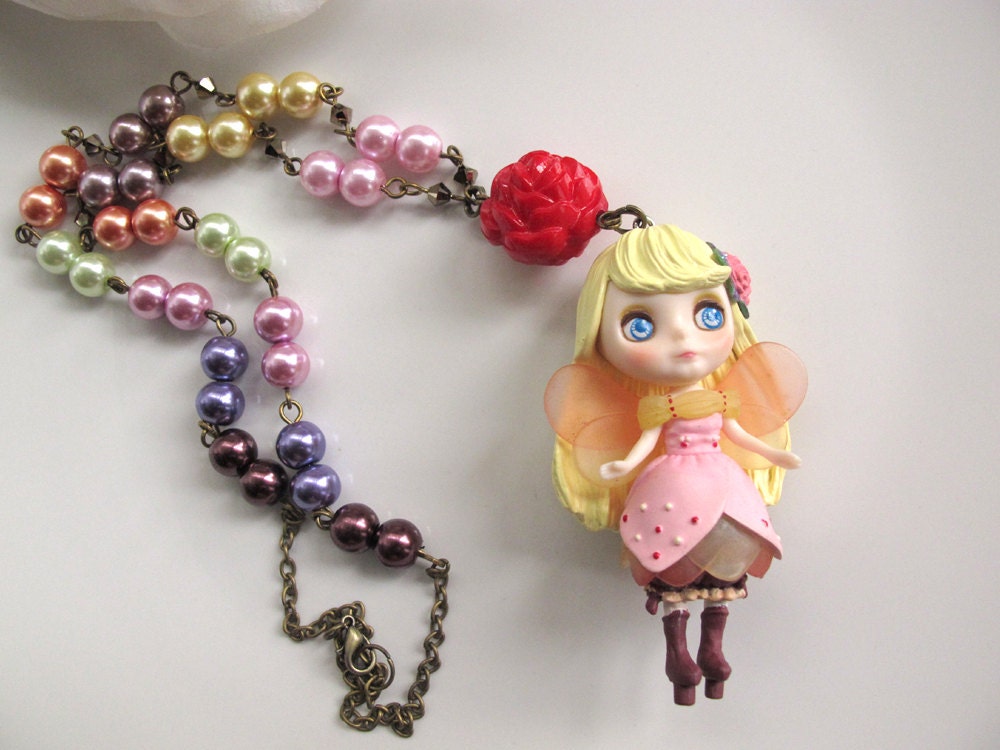 Mori Forest Harajuku Lolita Style Fantasy Garden Princess Fairy Girl Cosplay Big Eyed Blythe Doll Rainbow Glass pearls Long Necklace