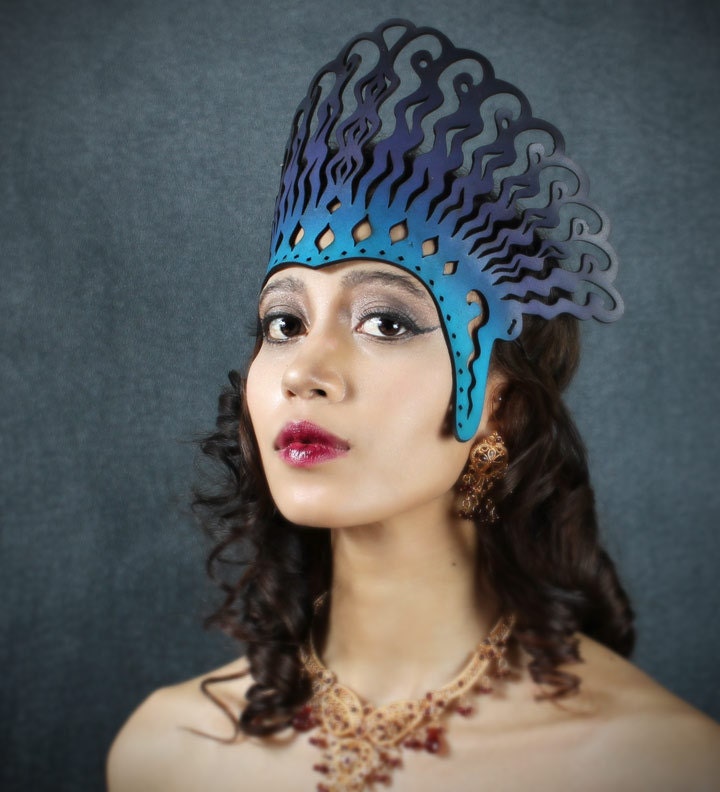 Cleopatra leather headdress in blue, violet and black