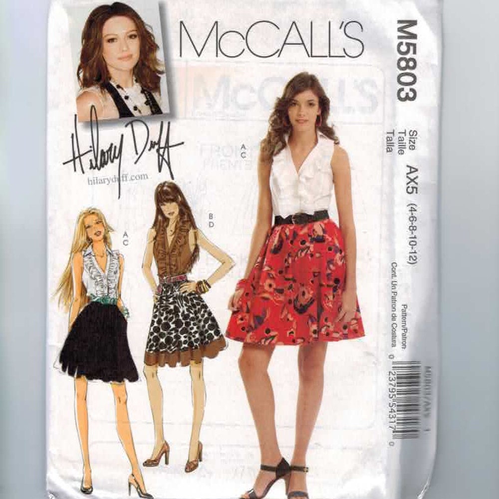 Misses Sewing Pattern McCalls M5803 Hillary Duff Ruffled Top Sleeveless Skirt Size 4 6 8 10 12 14 Bust 30 32 34 36 UNCUT