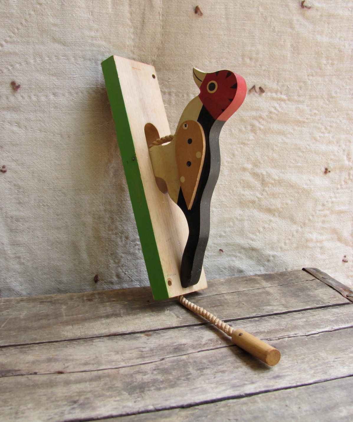 SALE // vintage c. 1960s woodpecker door knocker // painted wood // folk art
