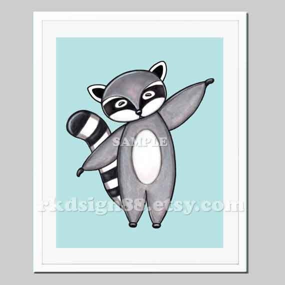 Nursery art print, baby nursery decor, kids wall art, children decor, woodland art, raccoon painting, blue - My Raccon 8 x 10 print