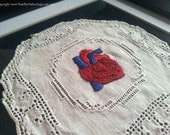 Anatomical Heart Silk Embroidery in Miniature on Vintage Lace Doily, Framed One Of A Kind Art