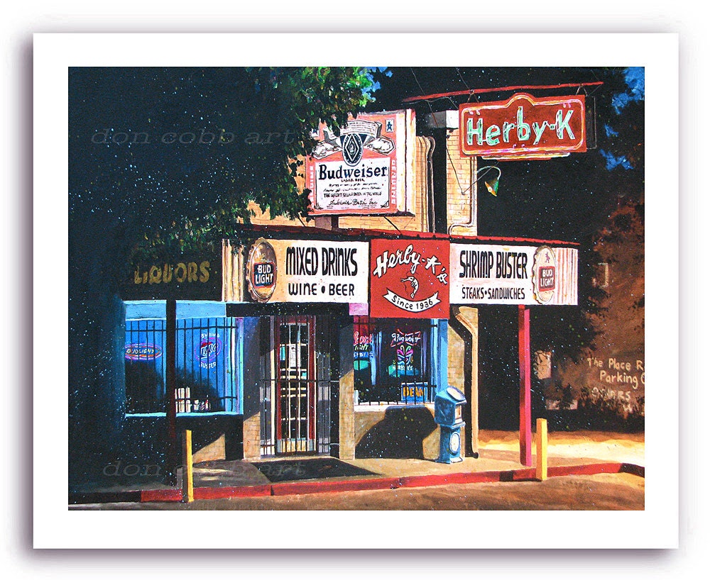 Shreveport "Herby K's Night Scene" Seafood Restaurant Cafe Diner Bar and Grill Signed Numbered Art Print